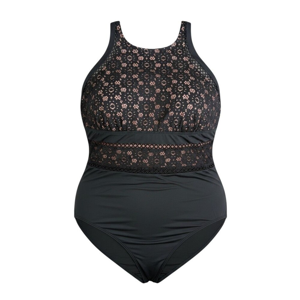 Swimsuits For All Black High Neck Lace Lattice One Piece Swimsuit Plus Size 20